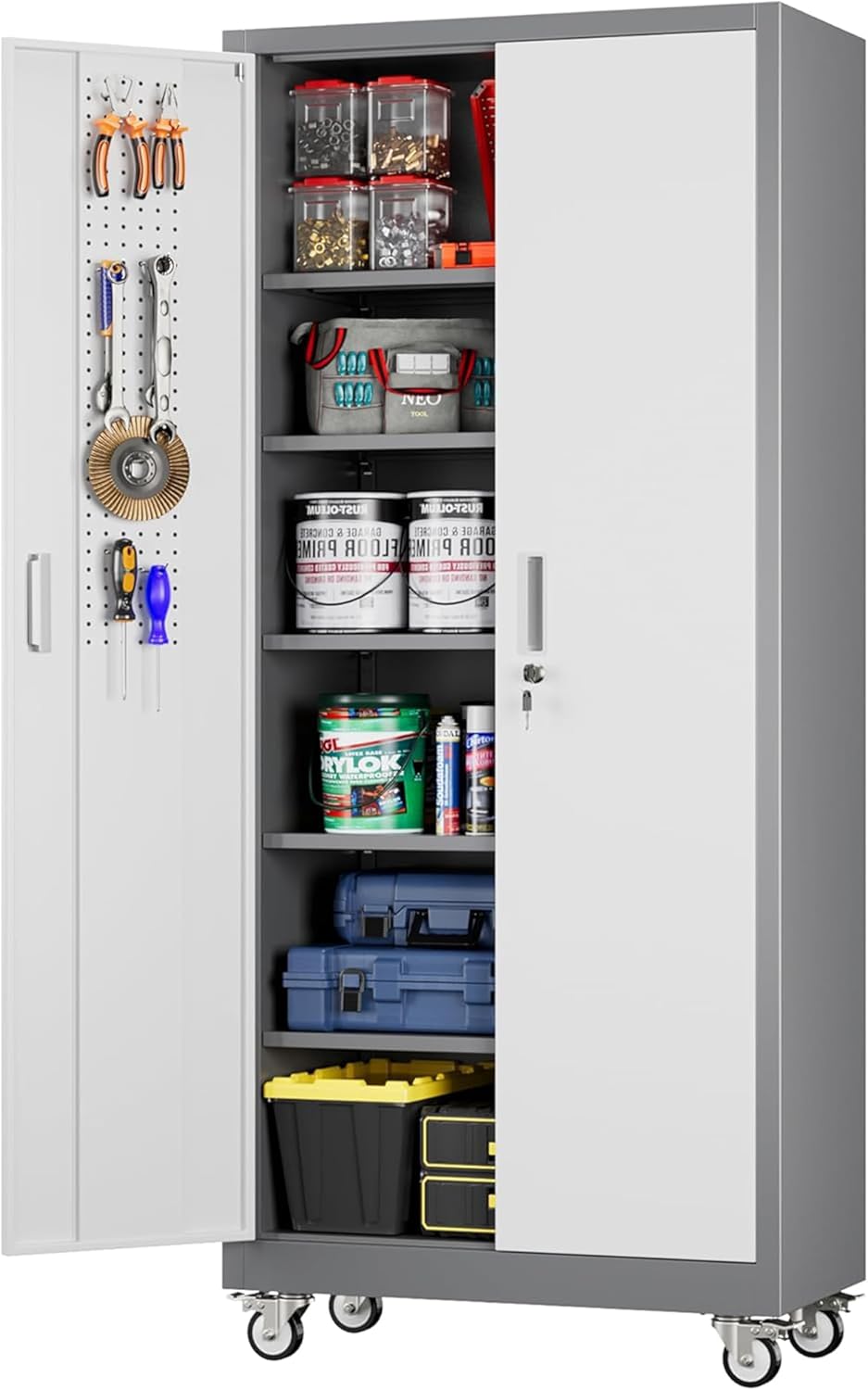 Aobabo Garage Storage Cabinet with Door Pegboard,Lockable Metal Storage Cabinet with 5 Adjustable Shelves for Garage Home,Required Assembly,Black