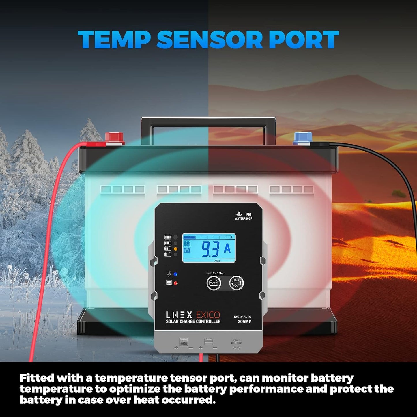 Solar Charge Controller Waterproof, 20A Super Thin Solar Panel Battery Intelligent Regulator with LCD Display 12V/24V PWM Solar Controller for LiFePO4,AGM, Gel, Flooded and Lithium Battery