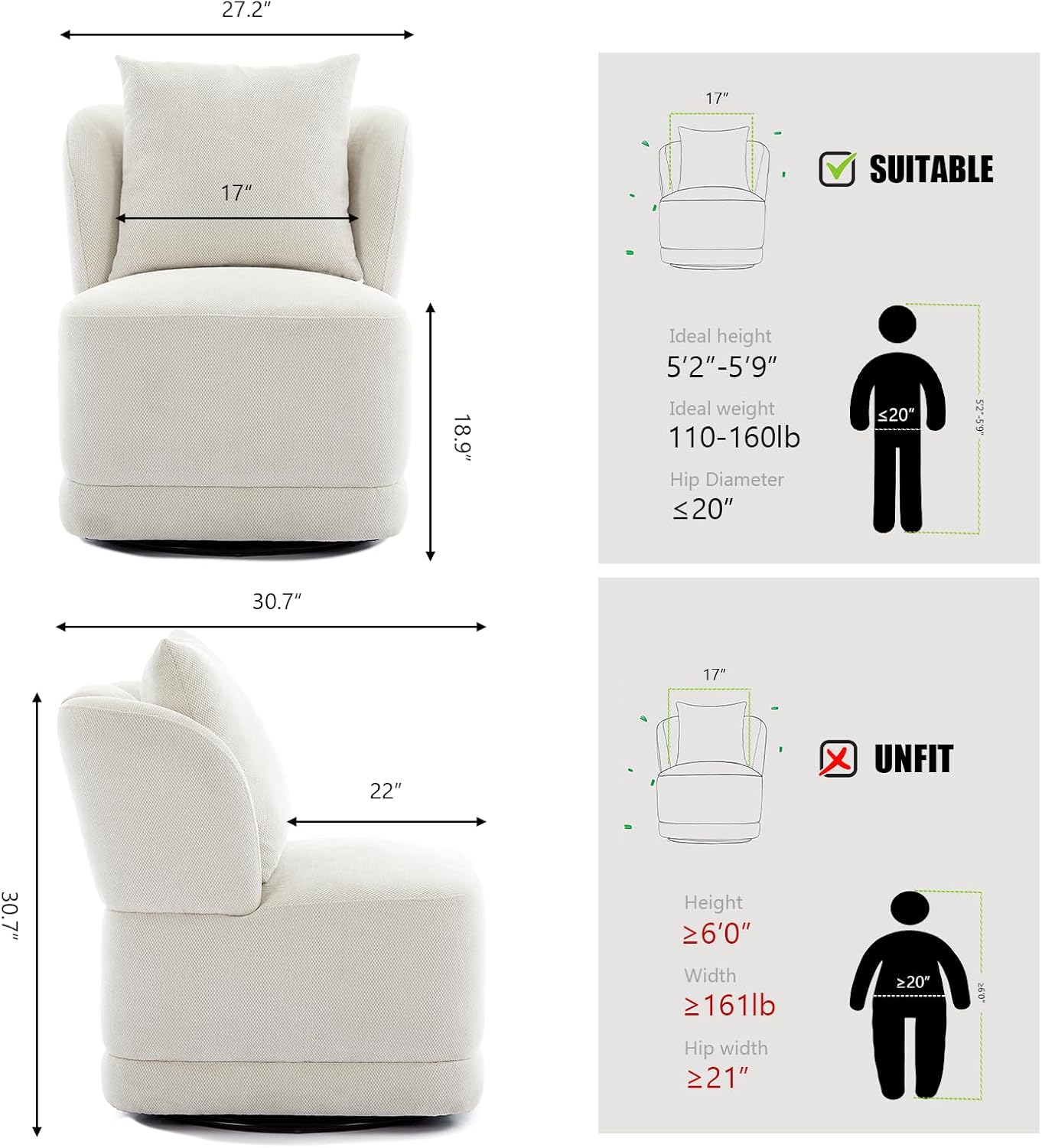 Swivel Accent Chair for Living Room,360° Rotating Barrel Chair with Square Back Pillow,Boucle Swivel Chair,Modern Linen Fabric Recliner for Adults,Cream White