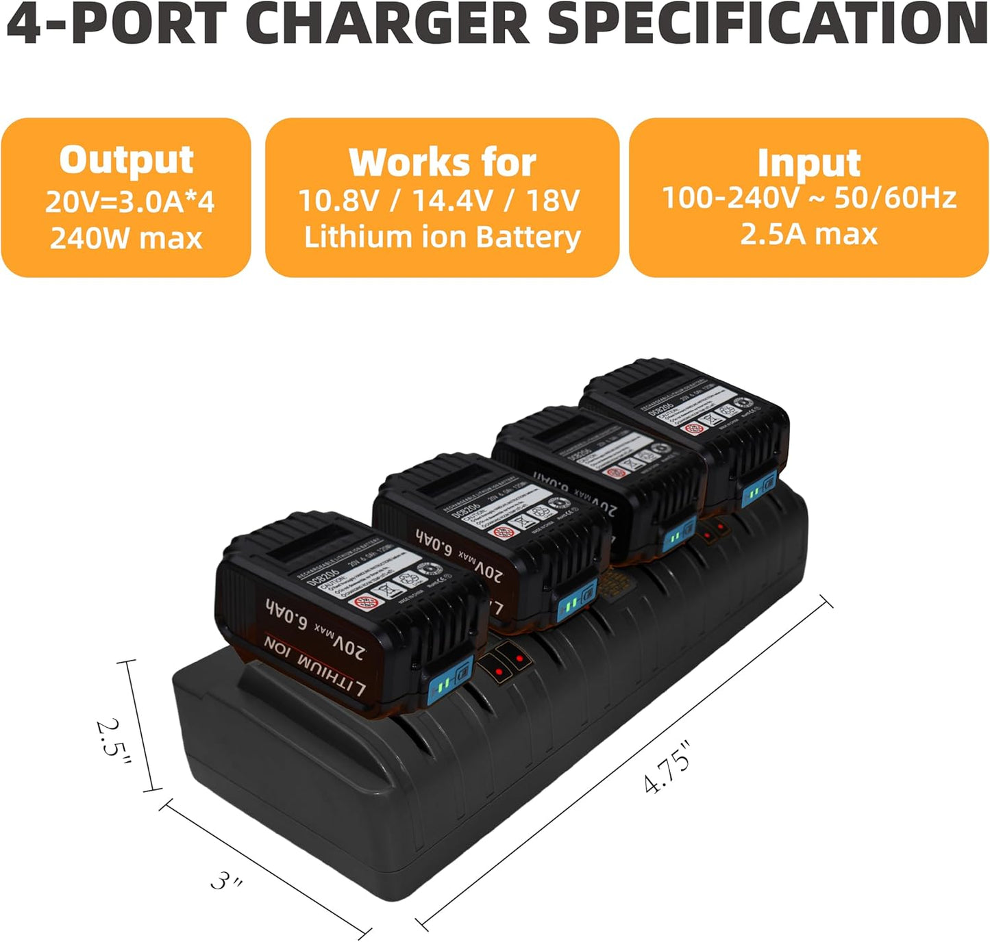 4-Port Battery Charger Station Replace for Dewalt DCB104 DCB120 DCB127 DCB112 DCB115 DCB118 DCB107 DCB105 DCB102, Compatible with Dewalt 12V 20V Max Lithium Battery DCB205 DCB206 DCB207 DCB606 DCB127