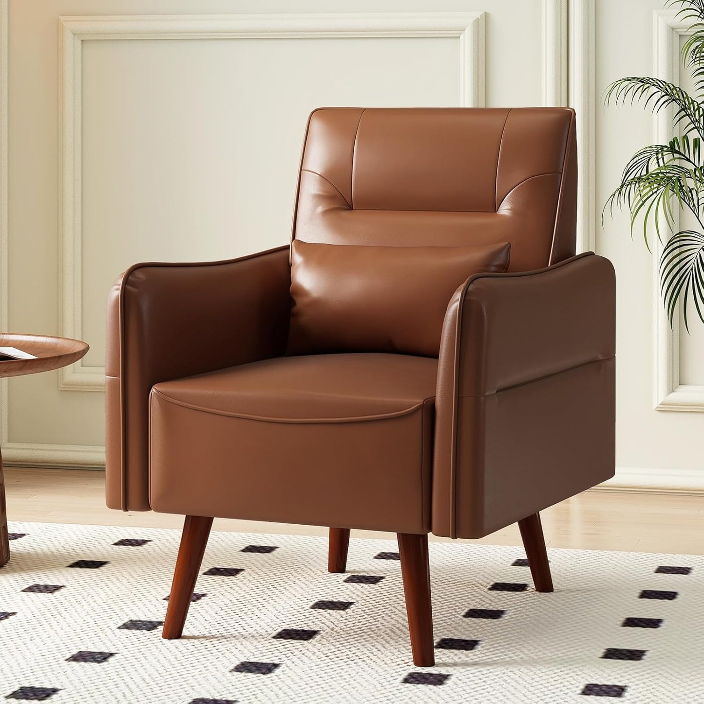 Bonzy Home Mid-Century Modern Faux Leather Accent Chair Set of 2 for Living Room,Upholstered Armchair with Pillow and Solid Wood Legs, Comfortable Lounge Chair for Bedroom or Office,Brown