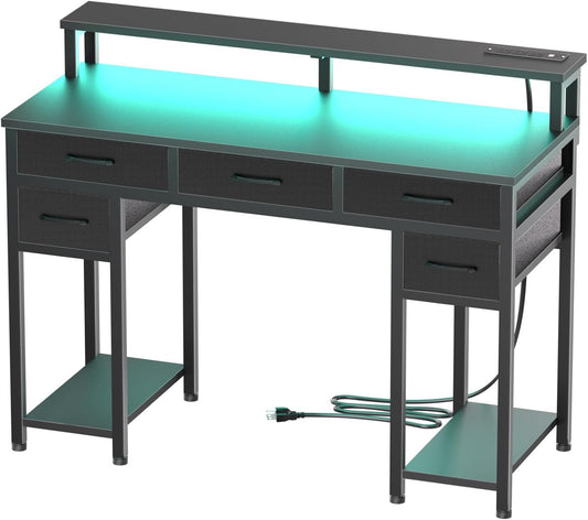 Black Computer Desk with Drawers, Gaming Desk with LED Light & Power Outlet, 47" Home Office Desk with Large Storage & Monitor Stand for Small Space
