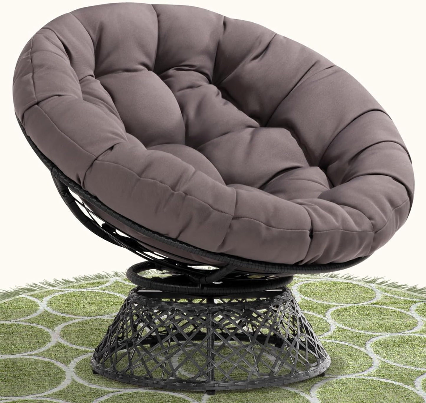 Bme 40" Ergonomic Wicker Papasan Chair with Soft Thick Density Fabric Cushion, High Capacity Steel Frame, 360 Degree Swivel for Living, Bedroom, Reading Room, Lounge, Silver Cloud - Black Base