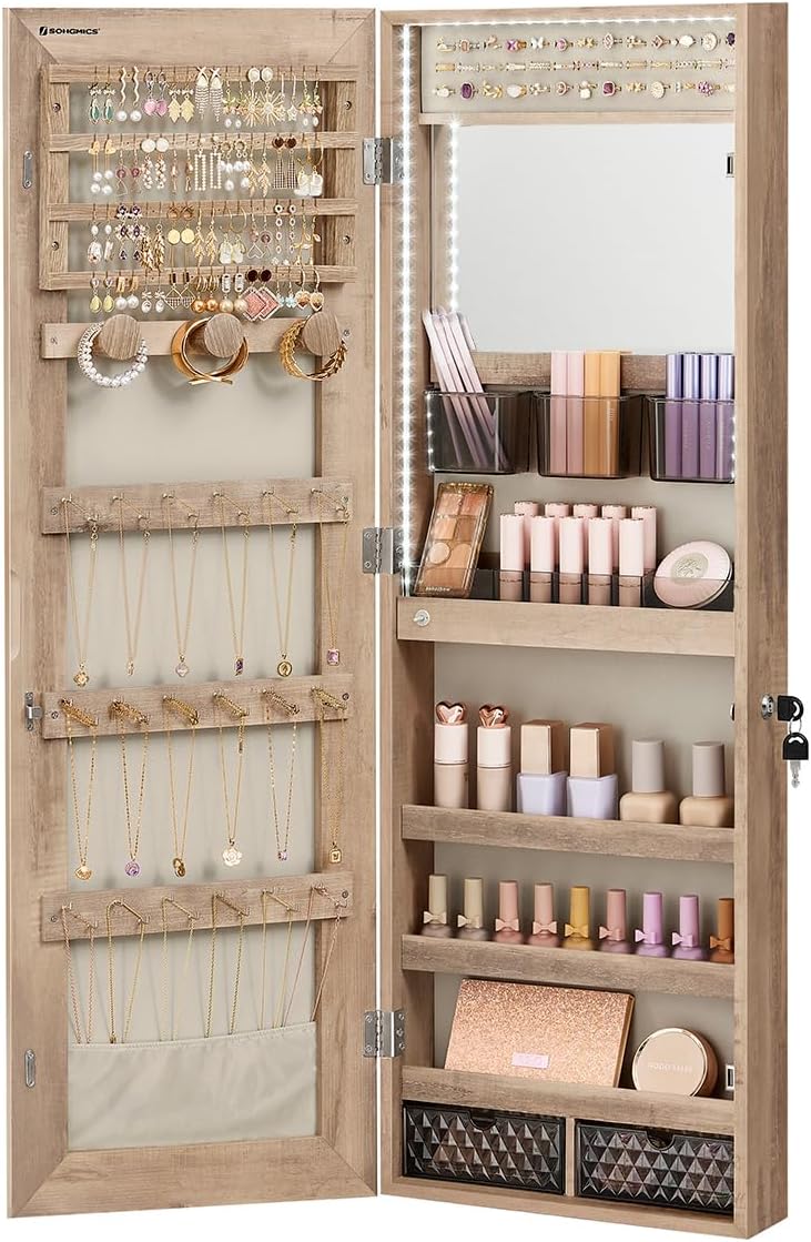 SONGMICS Mirror Jewelry Cabinet Armoire Organizer, Wall or Door Mount Storage Cabinet with Full-Length Frameless Lighted Mirror, Built-in Makeup Mirror, 2 Drawers, Lockable, White UJJC013W01