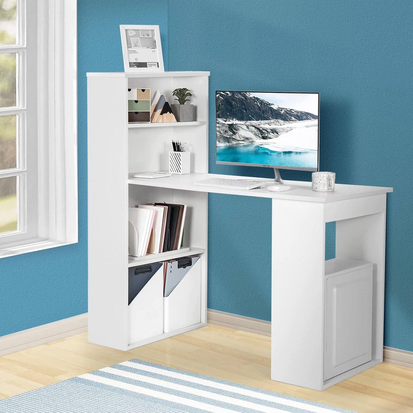 AUGESTER Computer Desk with Bookcase, Desk Bookshelf Cabinet 3 in 1 Functional Table, Compact Computer Workstation with Storage Shelf and CPU Holder, Suitable for Home & Office (White)