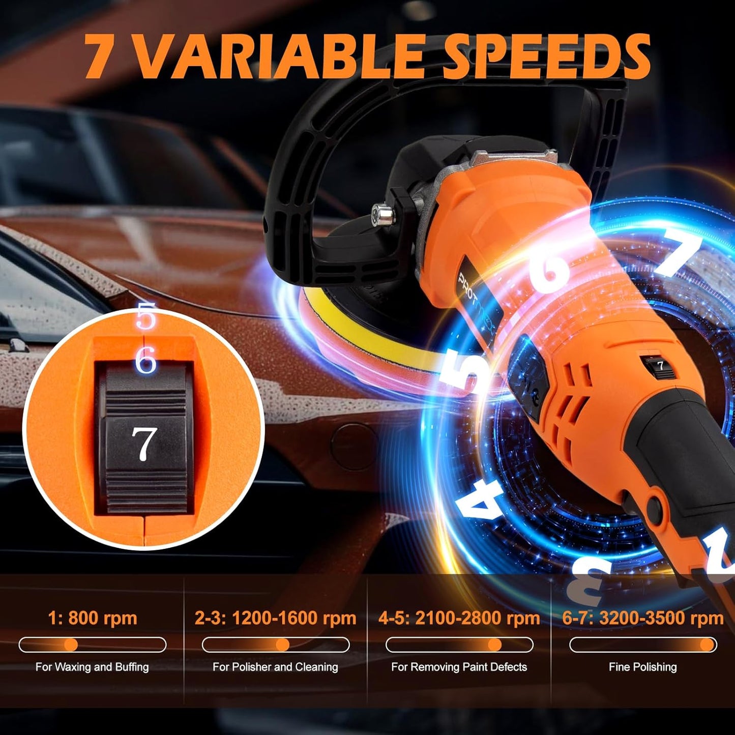 Buffer Polisher,1600W 7 Inch/6 Inch Rotary Buffer Polisher Waxer, 8 Variable Speeds 500-3500 RPM,Car Buffers and Polishers Kit, Detachable Handle for Car, Boat, Polishing, Waxing