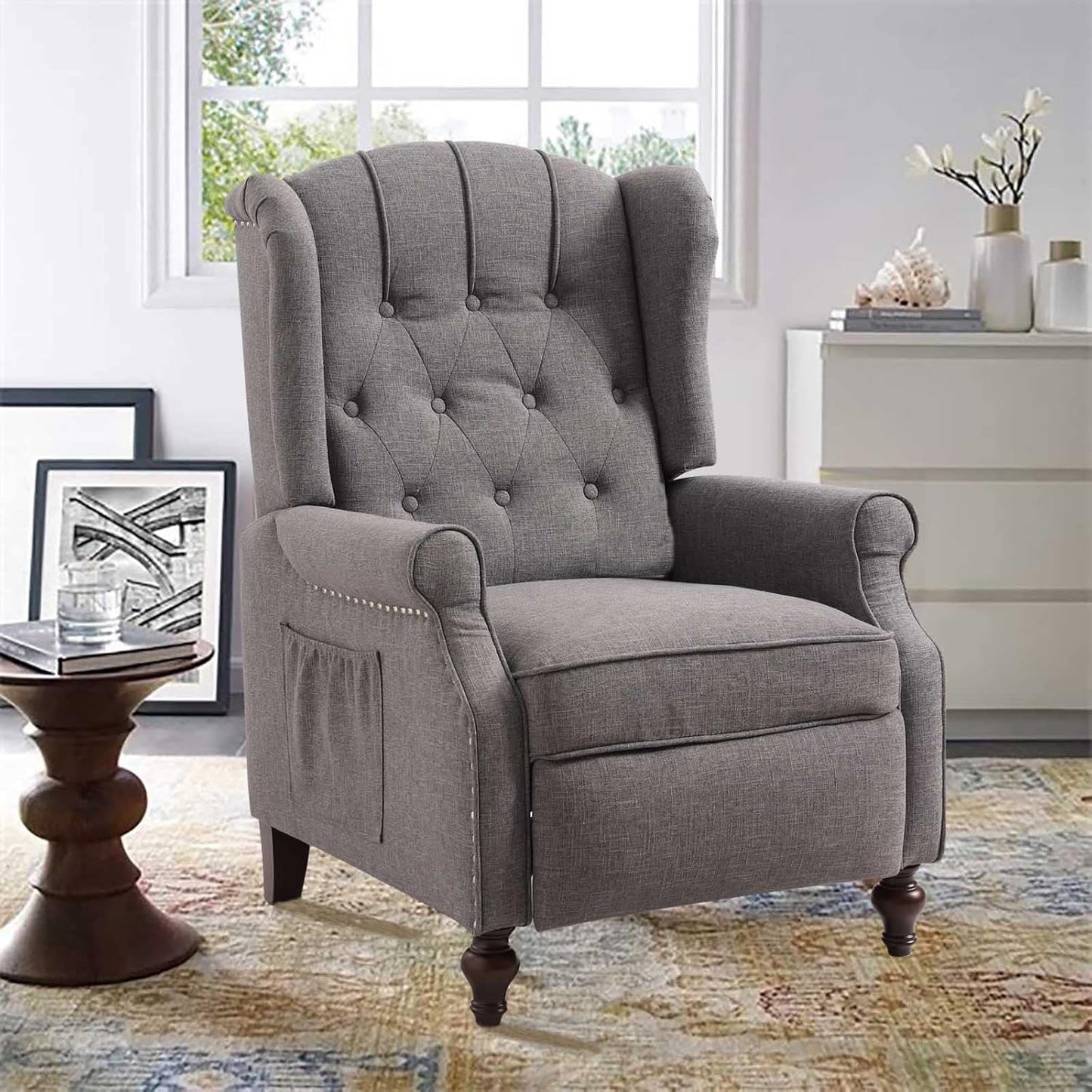 BINGTOO Wingback Recliner Chair with Massage and Heat Pushback Recliner Chair Mid Century Accent Chairs Tufted Fabric with Rivet Decoration for Living Room Bedroom