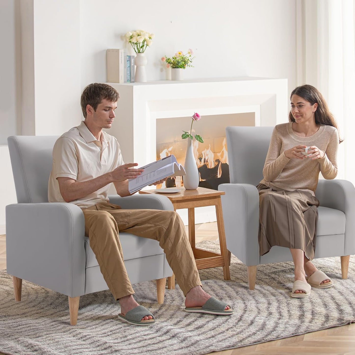 COLAMY Fabric Accent Living Room Chairs Set of 2, Upholstered Arm Chair Reading Side Chair, Single Sofa with Back Pillow and Wood Legs, Blue