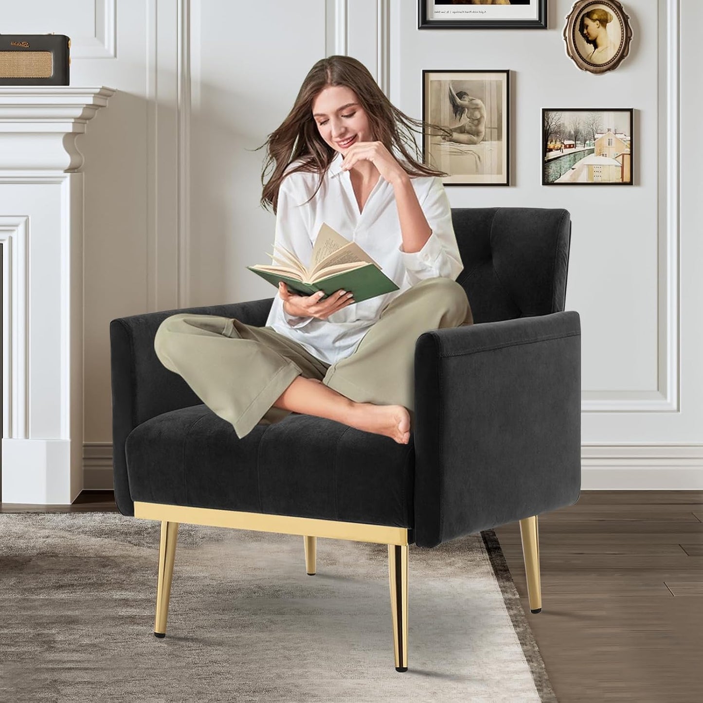 Black Velvet Accent Chairs Set of 2, Comfy Button Tufted Armchair, Upholstered Arm Chair Single Sofa Reading Chairs with Arms and Gold Metal Leg for Living Room Bedroom Nursery Office