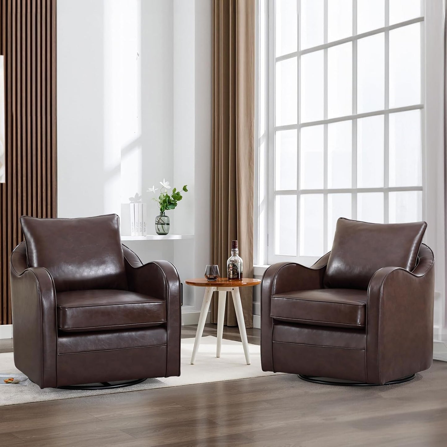 Simore Faux Leather Swivel Barrel Accent Chair Set of 2 for Living Room Bedroom, Comfy Modern Round Swivel Chair with Removable Pillow, Dark Brown