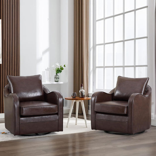 Simore Faux Leather Swivel Barrel Accent Chair Set of 2 for Living Room Bedroom, Comfy Modern Round Swivel Chair with Removable Pillow, Dark Brown