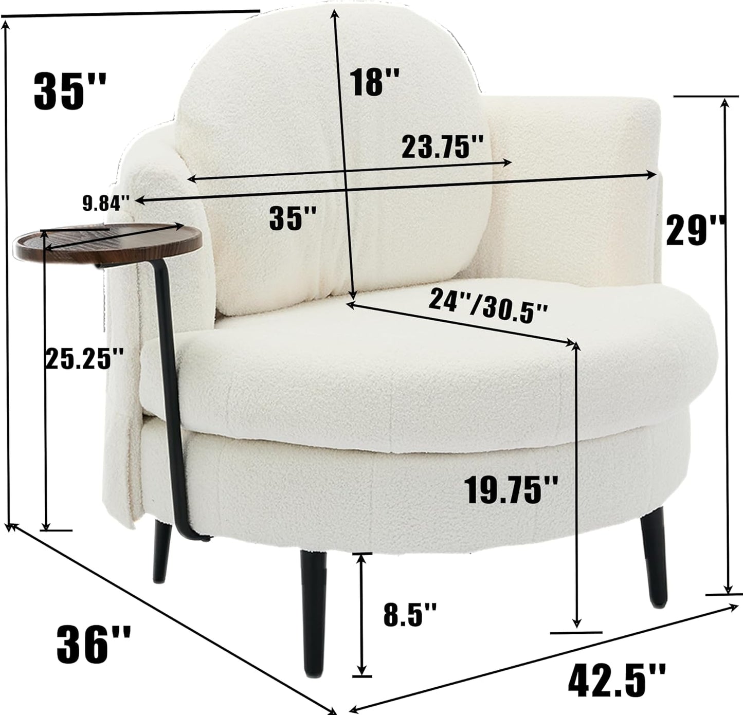42.5" Lamb Velvet Sleeper Chair with Ottoman & Armrests, Upholstered Chaise Lounge Recliner with Side Table & Footstool, Removable Headrest, Single Reading Sofa Chair for Bedroom (White)