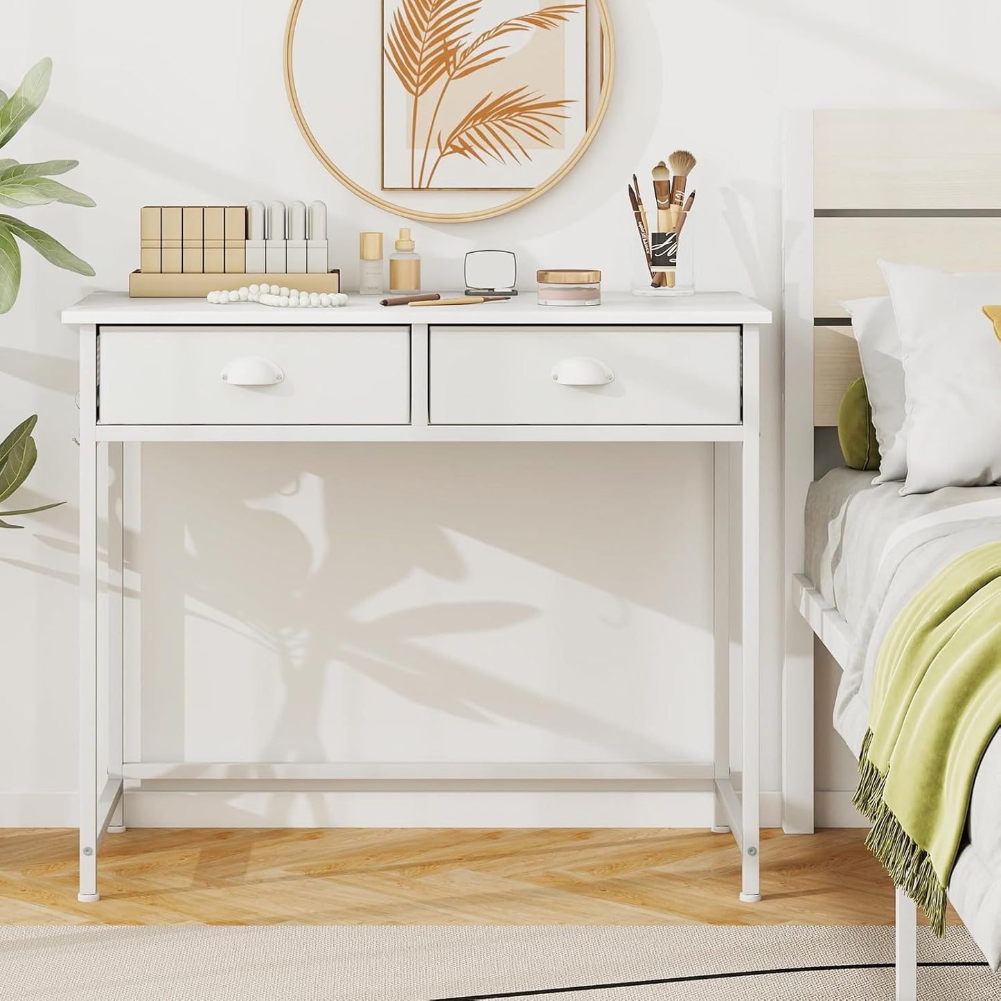 Tangkula Computer Desk with 2 Storage Drawers & 4 Hooks, Home Office Study Writing Desk with Metal Frame, Computer Workstation, Space Saving Laptop Desk for Bedroom Living Room (White)