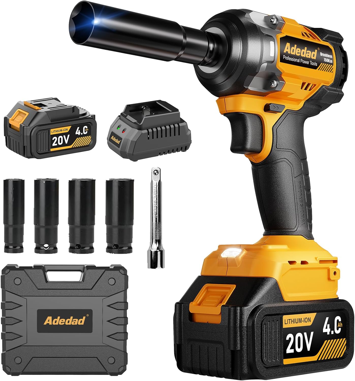 1000N.m Cordless Impact Wrench 1/2 inch,20V 740ft-lbs High Torque Impact Gun with 2 x 4.0 AH Batteries,Sockets and Case,Brushless Power Impact Driver for Automotive and Heavy Duty Use