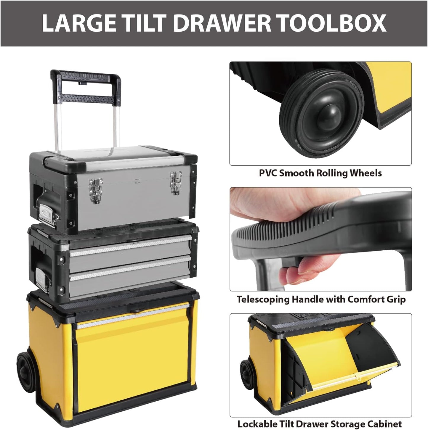 BIG RED Stackable Rolling Tool Box Portable Metal Toolbox Organizer with Wheels and 2 Drawers Separate Rolling Upright Trolley Tool Chest for Garage or Workshop,Yellow,ATRJF-C305ABDY