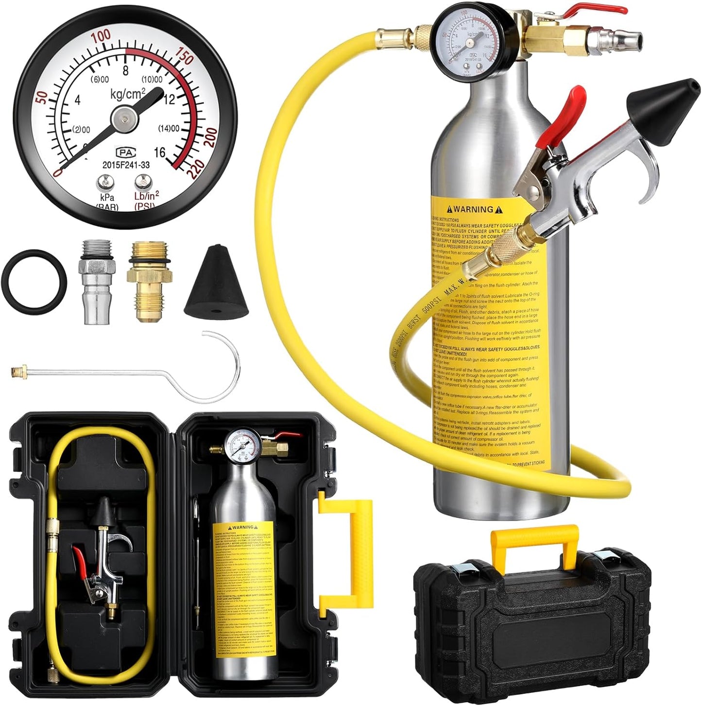 AC Flush Kit Air Conditioner System Flush Canister Kit AC Drain Line Cleaner Tool Conditioning Pipeline Cleaning Tool Set with Gauge, Air Fittings and Hose for Car Conditioner Pipe (Novel)