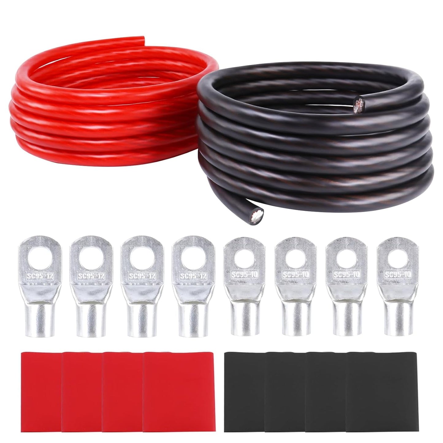 2/0 Gauge Battery Cable (12 Feet Black, 12 Feet Red) - 2/0 AWG CCA Welding Wire with SC Connector Lugs & 3:1 Heat Shrink Tubes for Solar, Car, RV, Truck Cables