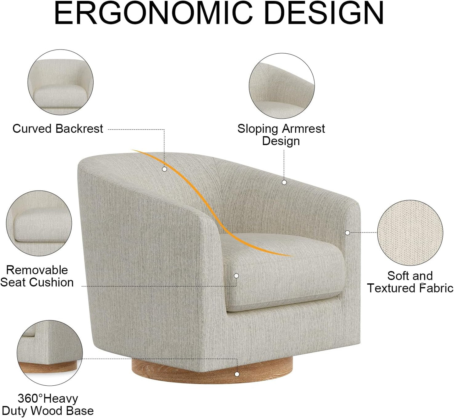 Swivel Accent Chair, Barrel Chair for Living Room, Comfy Single Sofa Chair, Round Swivel Couch Chair, Small Reading Chair for Adults, Ivory White Sherpa Accent Bucket Chairs for Bedroom