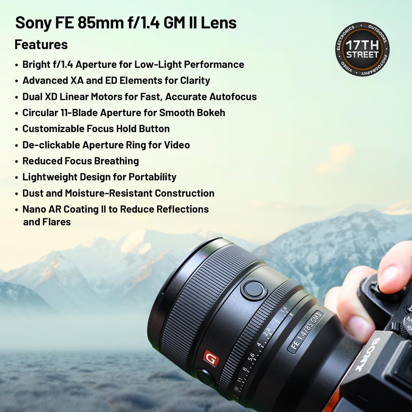 Sony FE 85mm f/1.4 GM II Lens for E-Mount Cameras | Full-Frame Large-Aperture Digital Camera Lens with Corel Art Suite Software Kit, SanDisk 64GB Memory Card and Camera Backpack - Essential Bundle Kit