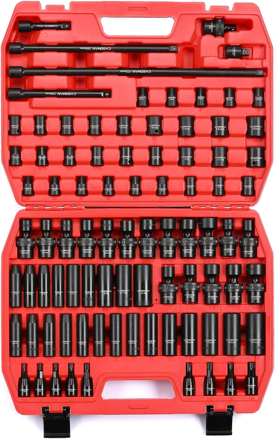 CASOMAN 1/4 Inch Drive Master Impact Socket Set with Adapters, U-Joint, Extensions & Torx Socket, 86-Piece, 6-Point, SAE/Metric, Standard/Deep, CR-V