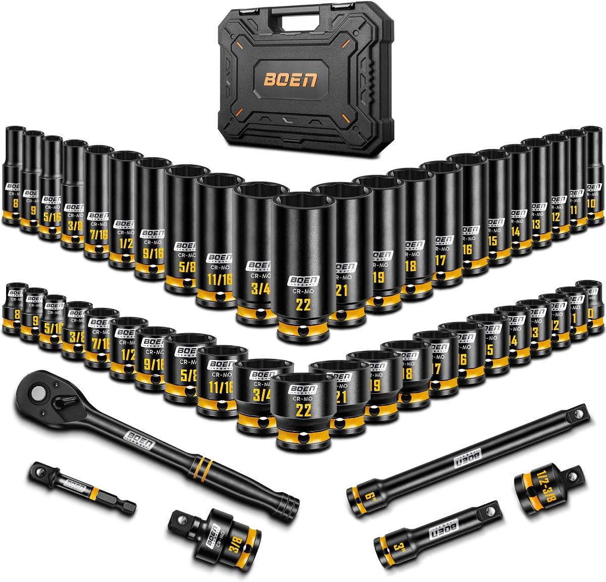 boen 3/8'' Drive Impact Socket Set, 50PCS Standard SAE (5/16 to 3/4 inch) and Metric (8mm-22mm), Deep & Shallow Size, 6-Point with Yellow Embossed Marking, CR-MO