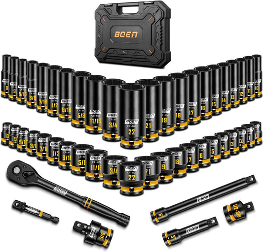 boen 3/8'' Drive Impact Socket Set, 50PCS Standard SAE (5/16 to 3/4 inch) and Metric (8mm-22mm), Deep & Shallow Size, 6-Point with Yellow Embossed Marking, CR-MO