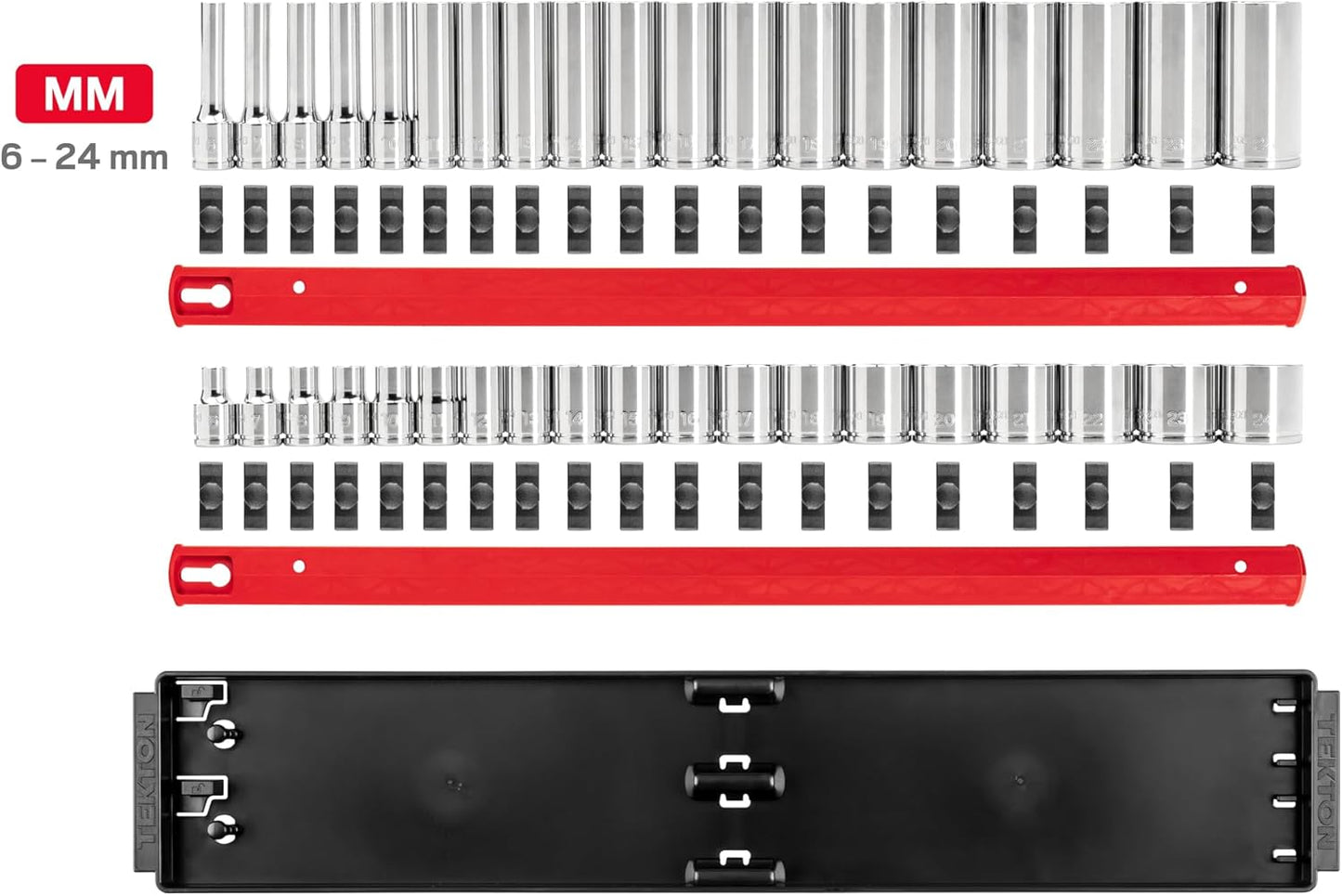 TEKTON 3/8 Inch Drive 6-Point Socket Set with Rails and Tray, 38-Piece (6-24 mm) | SHD91211