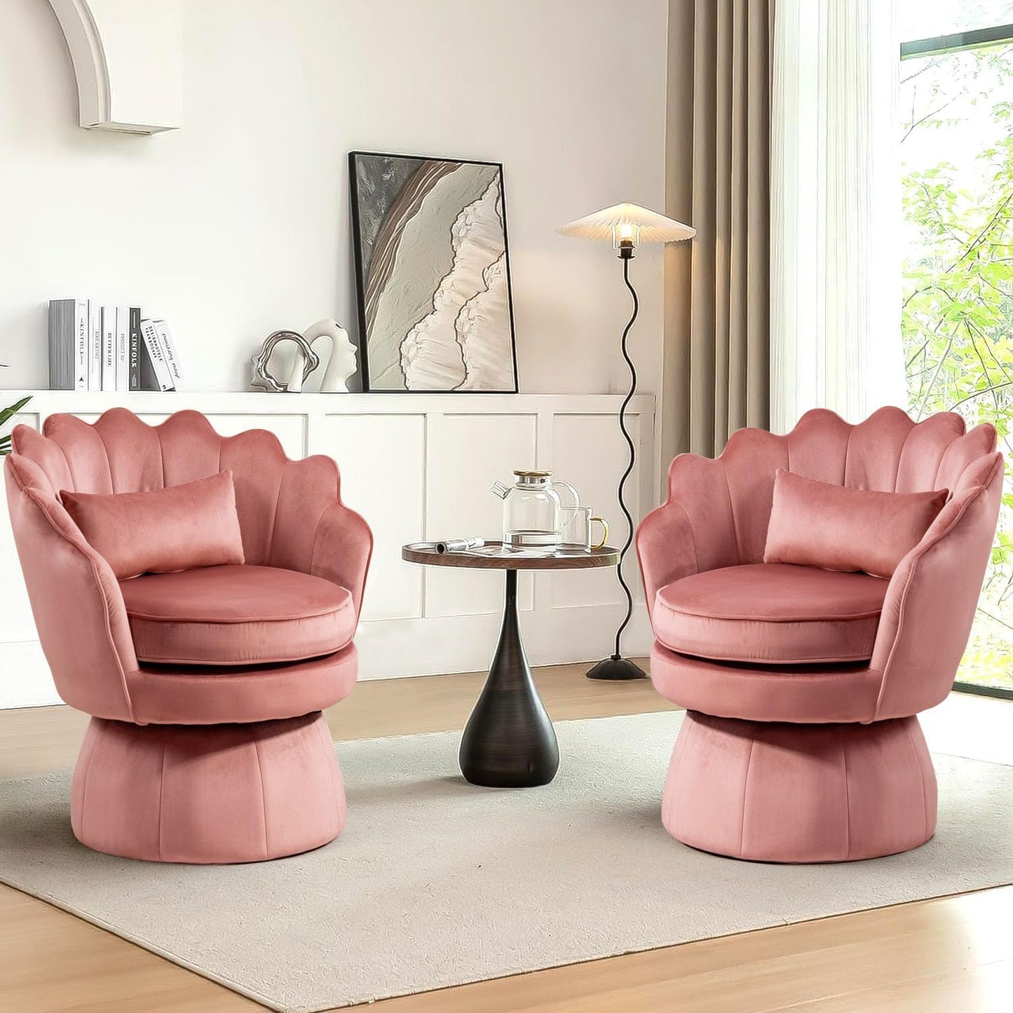 Swivel Barrel Chairs Set of 2, Small Accent Armchair, Navy Blue Velvet Upholstered, Mid-Century Modern Style, for Living Room/Bedroom/Waiting Room, for Relaxing & Reading, Pillow Included