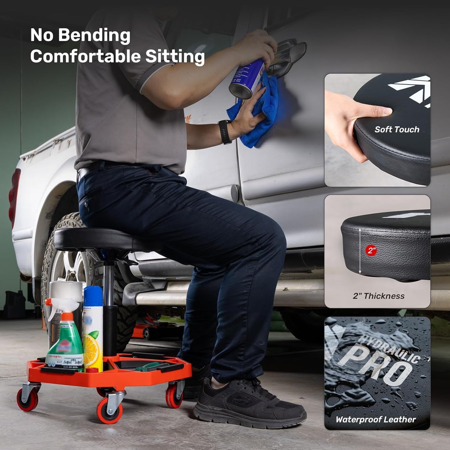 Adjustable Height Rolling Mechanic Stool, 300 LBS Garage Chair on Wheels, Rolling Workshop Stool with Cushioned Seat and Tool Trays, Ideal for Garage, Workshop, and Auto Repair