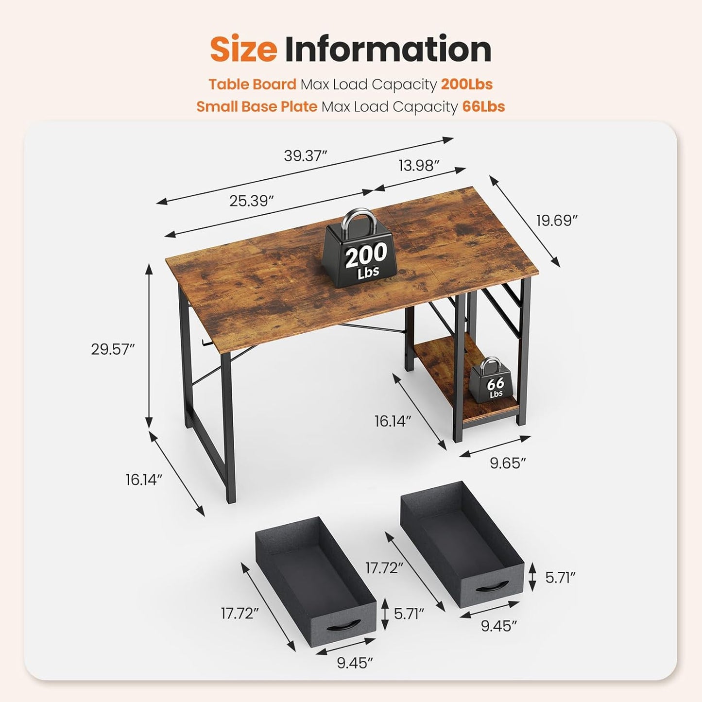 Sweetcrispy 40 Inch Computer Desk with Drawers for Home Office, Writing Desk with X-Shaped Reinforcement, Wood Table with Adjustable Position Drawers, Modern Study Work Table with Side Hook, Rust