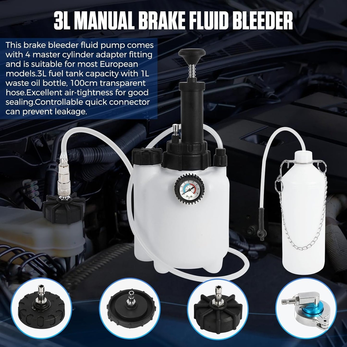 3L Manual Brake Bleeder Fluid Pump, One Person Brake Fluid Extractor with 1L Extractor Bottle&5 Master Cylinder Adapters Compatible with Toyota, Lexus, BMW,Chrysler, Dodge, Jeep, Nissan, Ford ,GM etc