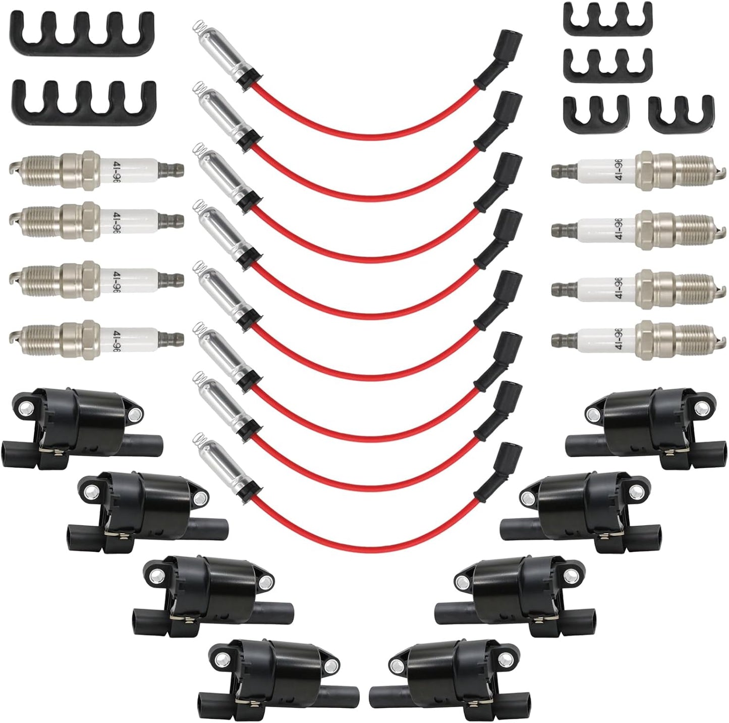 Set of 8 UF414 Round Ignition Coil Set with 41-962 Spark Plugs & 12192192 748UU Spark Plug Wires Set, Compatible with Chevrolet Chevy GMC 1500 2500 3500 4.8L 5.3L 6.0L, Replace C1512 D514A E894 IC534