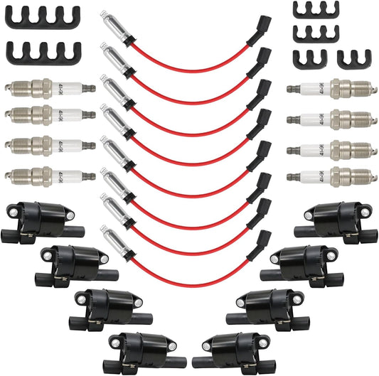 Set of 8 UF414 Round Ignition Coil Set with 41-962 Spark Plugs & 12192192 748UU Spark Plug Wires Set, Compatible with Chevrolet Chevy GMC 1500 2500 3500 4.8L 5.3L 6.0L, Replace C1512 D514A E894 IC534
