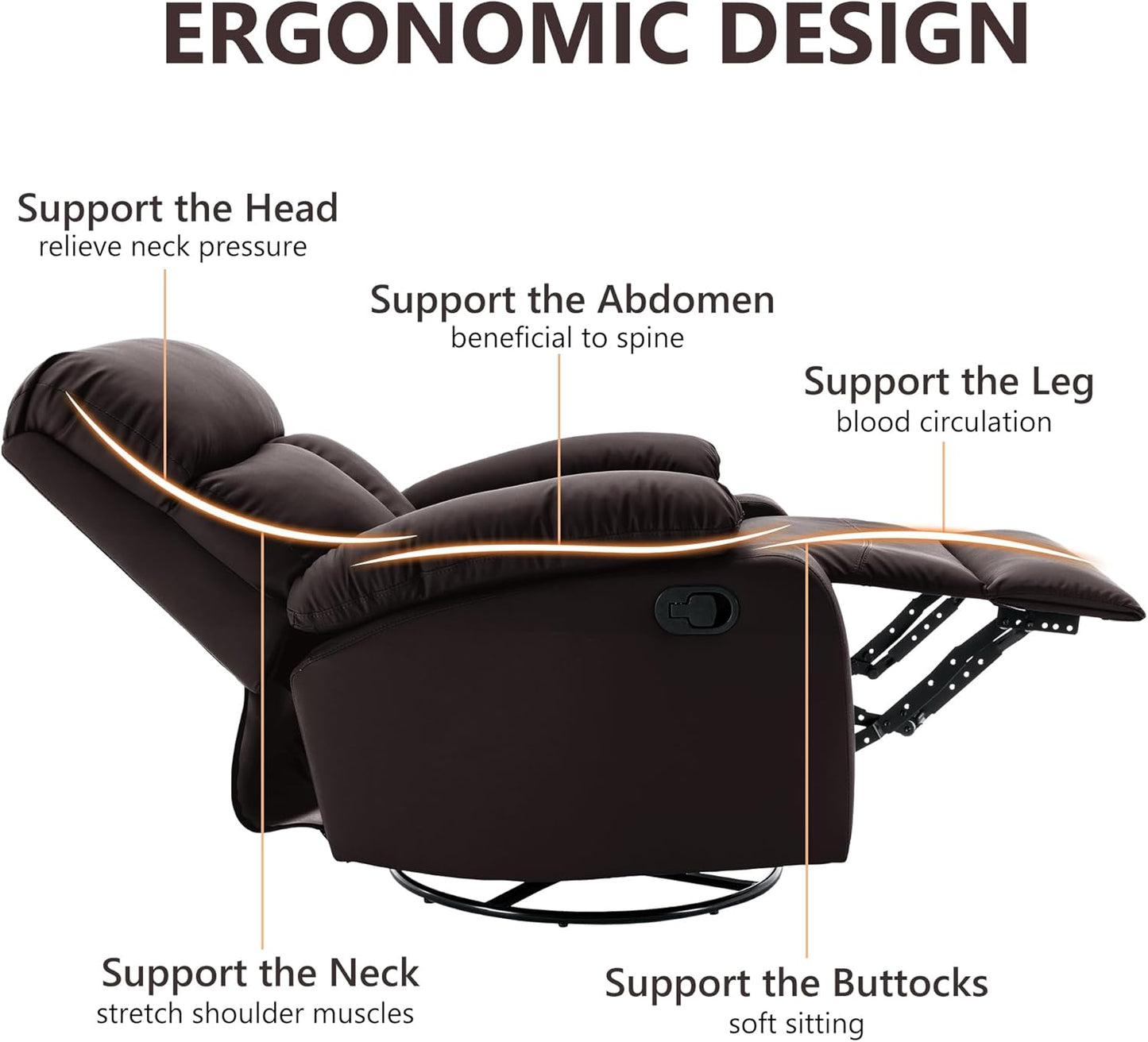 Swivel Rocker Recliner Chair, Small Manual Reclining Chair with Overstuffed Arm and Back, PU Leather Single Sofa Seat for Living Room, Bedroom, Dark Brown