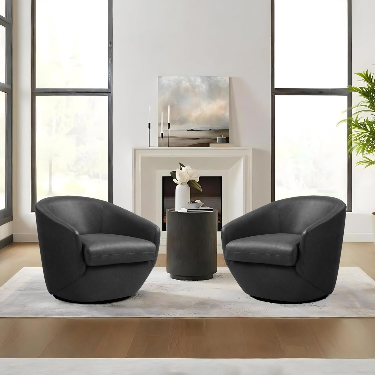 Swivel Barrel Chair, Modern Round PU Leather Accent Armchair for Living Room, Bedroom, Oversized Comfy Club Reading Chairs for Adults (Leather Red Brown, Set of 1)
