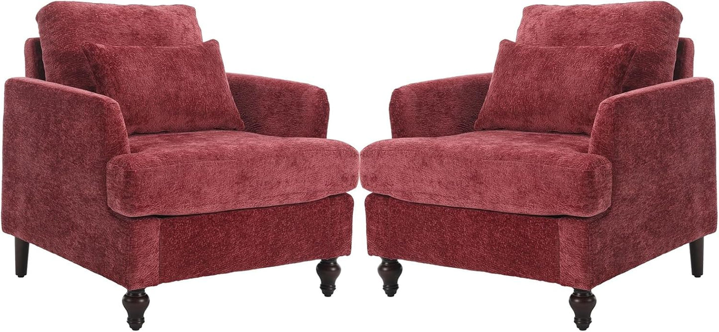 Chenille Accent Chair Set of 2, Mid-Century Modern Living Room Chair Wood Frame Armchair with Pillow Comfy Lounge Chair for Club Bedroom Office, White