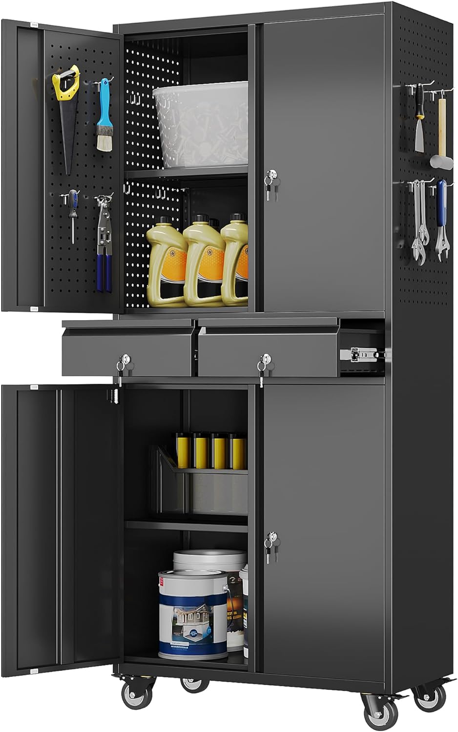 Aobabo Garage Storage Cabinet with Door Pegboard,Lockable Metal Storage Cabinet with 5 Adjustable Shelves for Garage Home,Required Assembly,Black