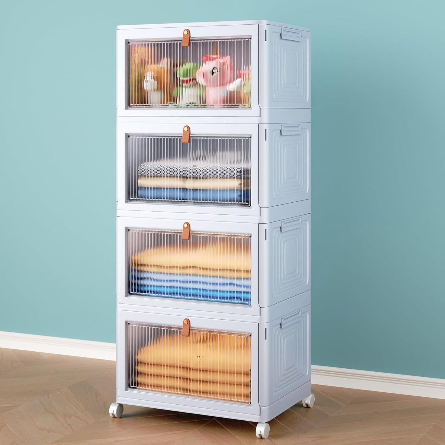 4 Tier Storage Bins with Lids, 23QT Stackable Closet Organizers and Storage with Wheels, Collapsible Storage Boxes, Foldable Plastic Storage Containers for Home,Office, Dorm Room-White