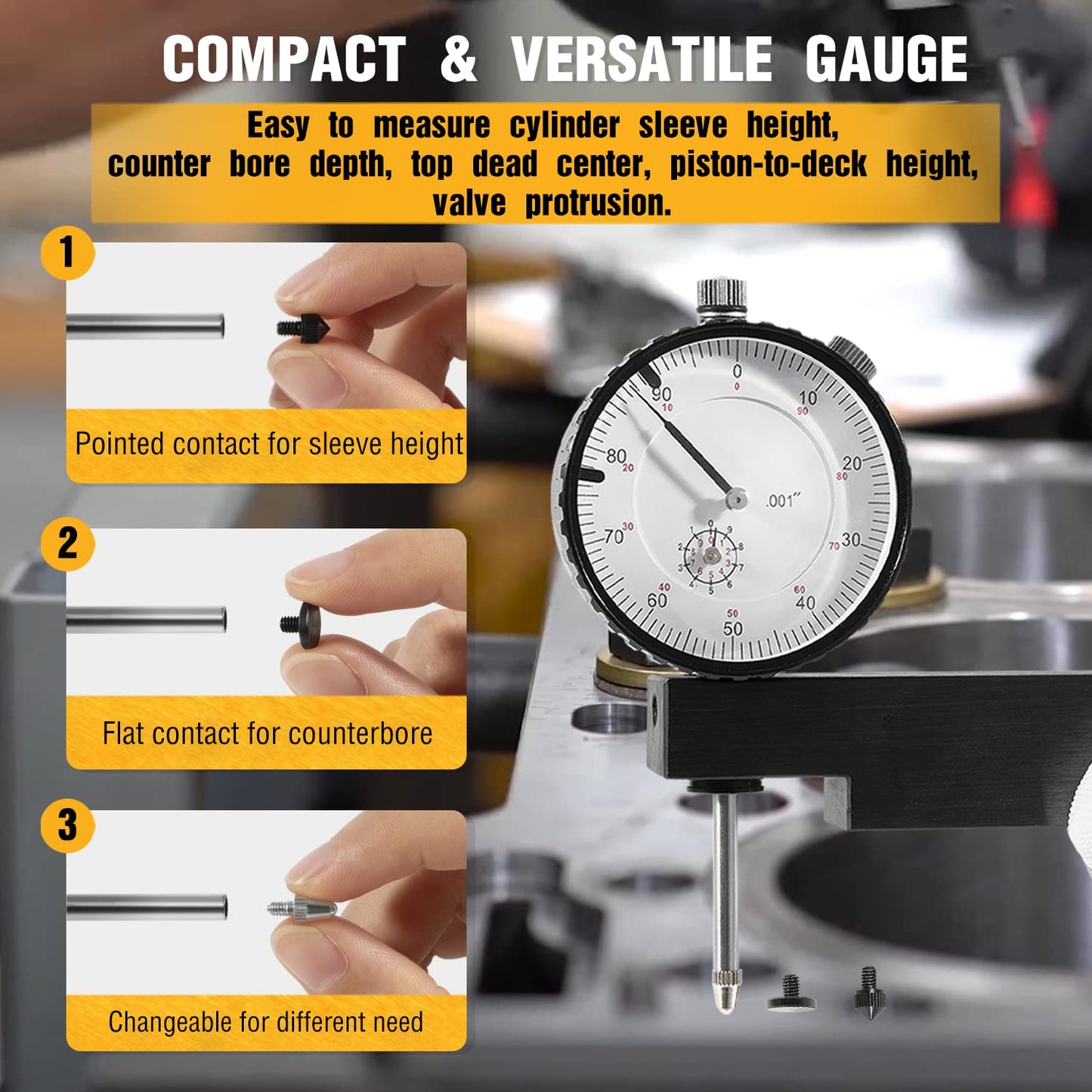 6434 Sleeve Height and Counter Bore Gauge for All Diesel Engines, Cylinder Bore Gauge Range: 0-1.00", Graduation: 0.001", Reading: 0-100