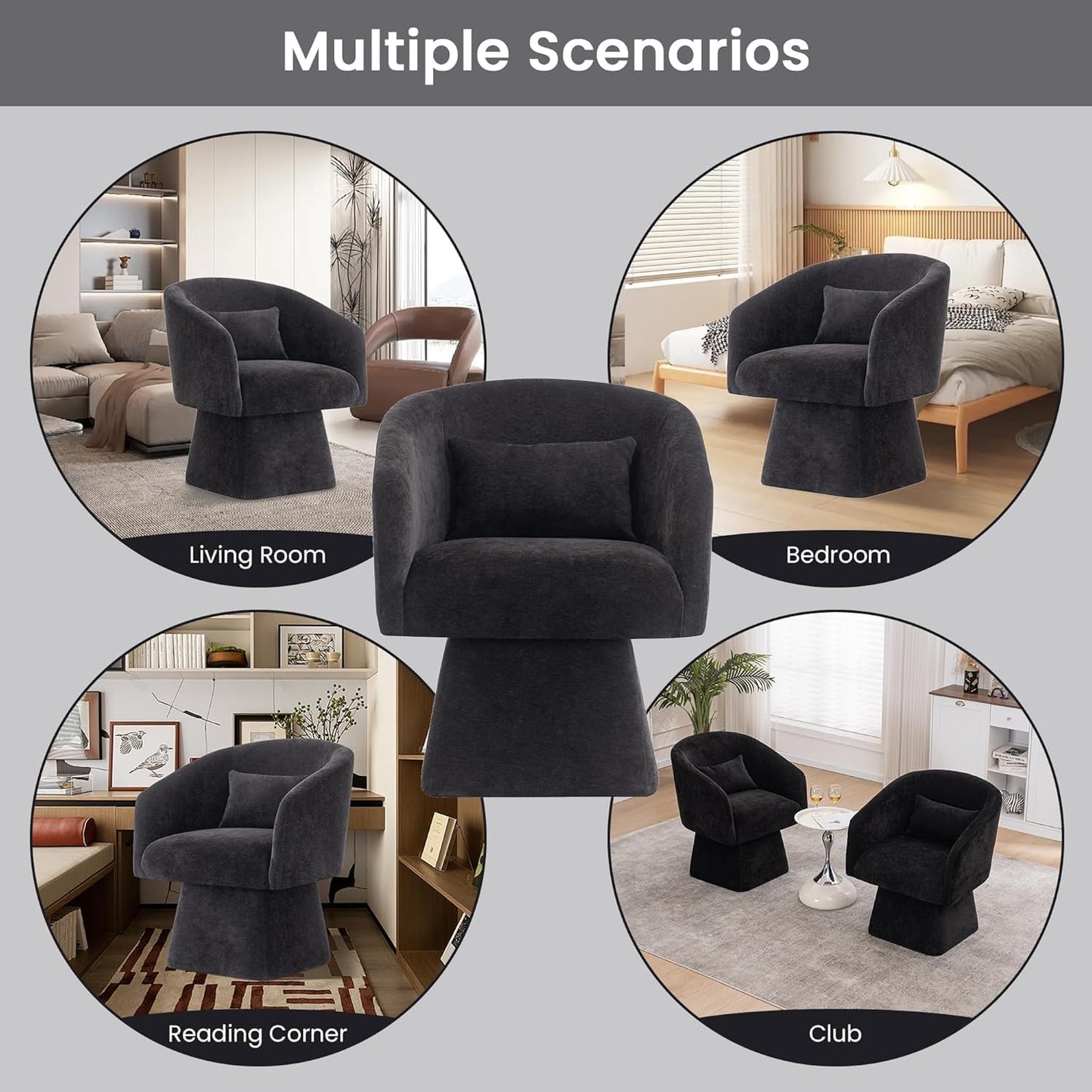 Swivel Accent Chairs Set of 2, Upholstered Barrel Chair with a Soft Backrest, 360 Degree Swivel Armchair, Reading Corner Chairs for Living Room, Bedroom, Waiting Room, Club, Adults, Black