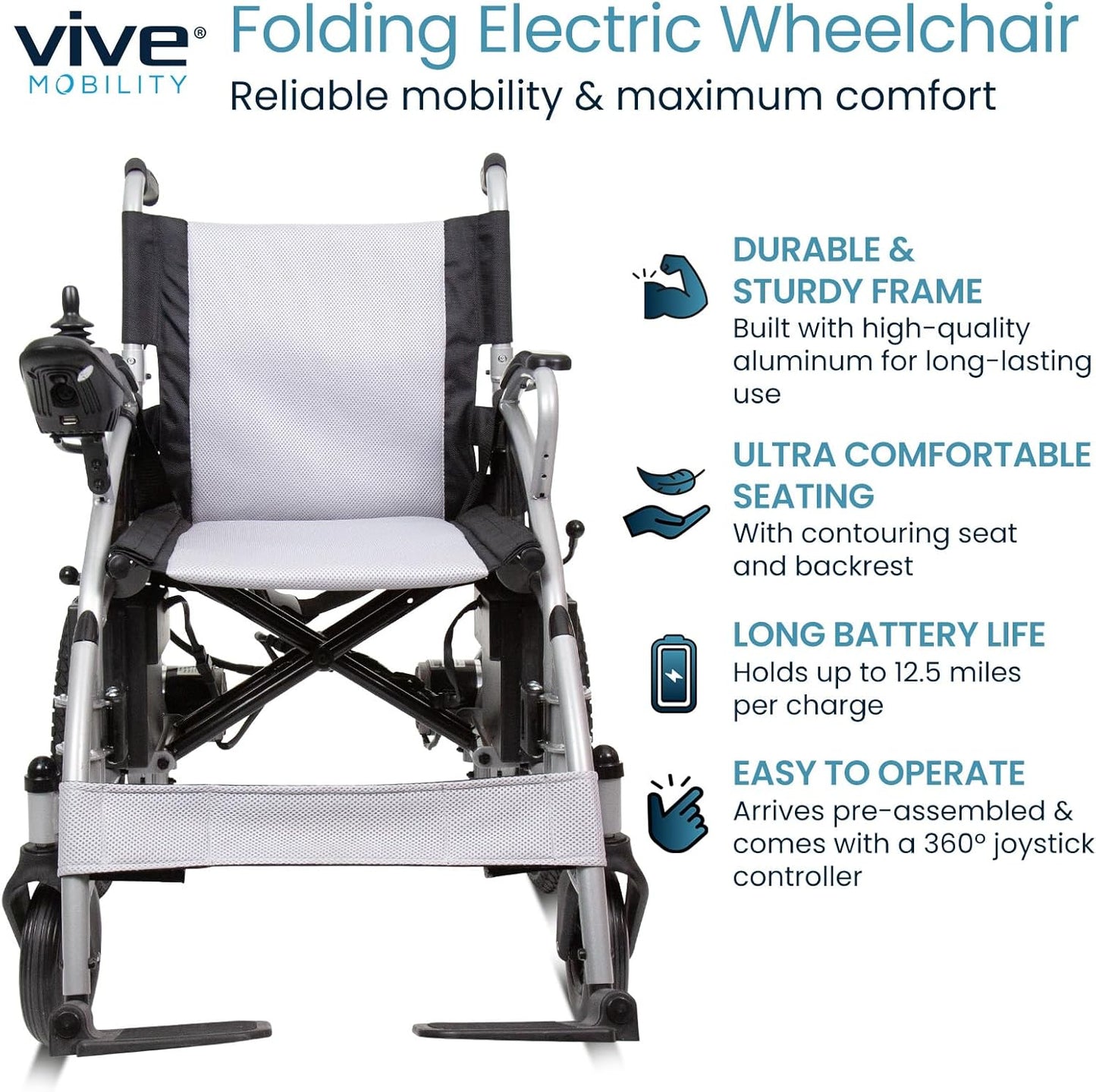 Vive Folding Electric Wheelchair - Foldable Wheel Chair, Narrow Power Scooter, Heavy Duty, TSA Approved - Compact Size for Seniors Adults - Battery Portable, Folds, Shock-Absorbing (16 x 30 x 28.5)