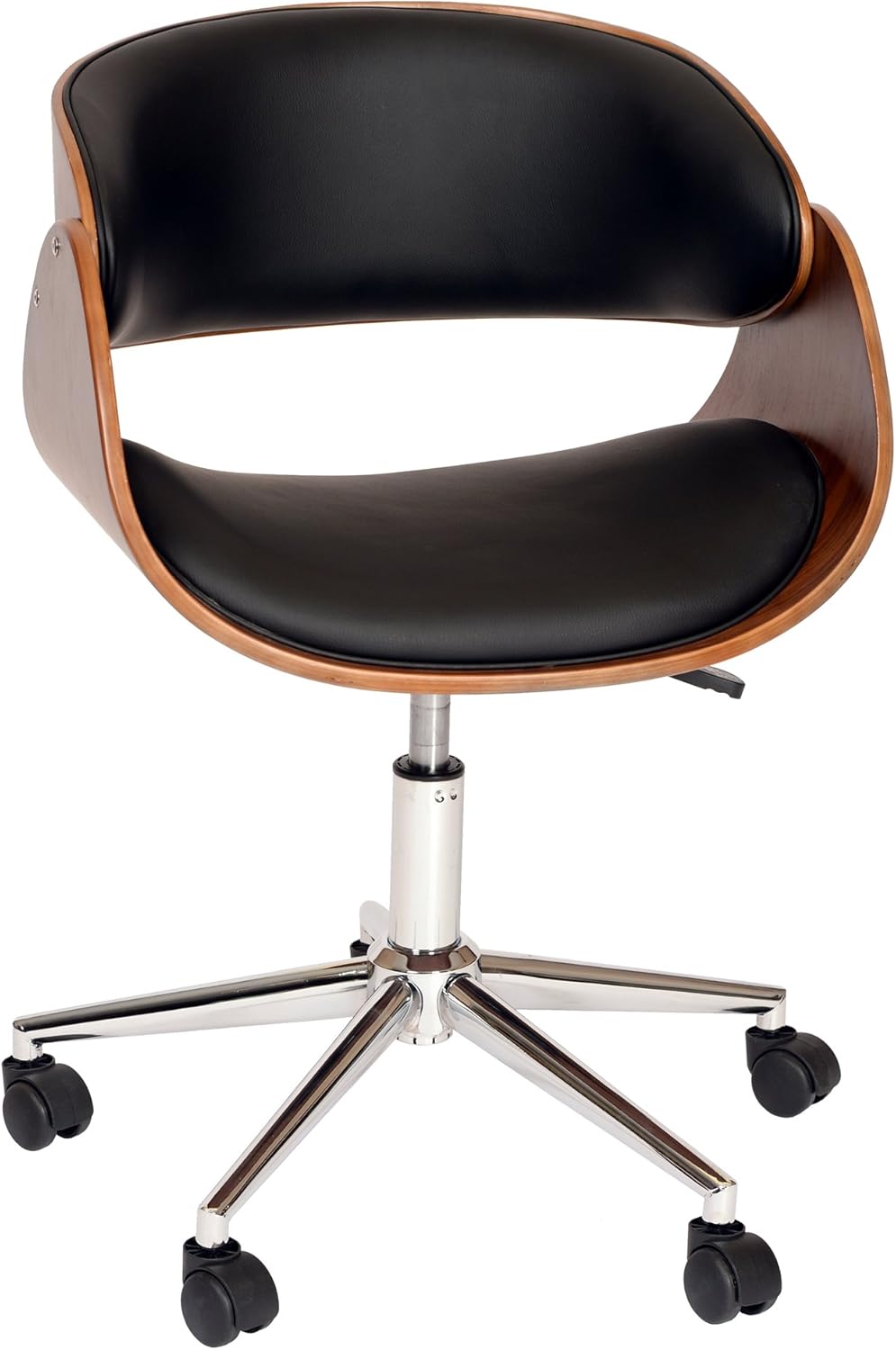 Armen Living Century Office Chair in Black Faux Leather and Walnut Wood, Chrome Finish