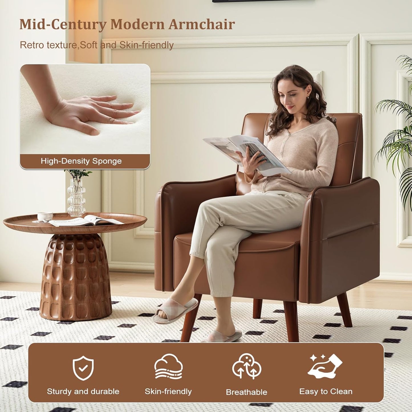 Bonzy Home Mid-Century Modern Faux Leather Accent Chair Set of 2 for Living Room,Upholstered Armchair with Pillow and Solid Wood Legs, Comfortable Lounge Chair for Bedroom or Office,Brown