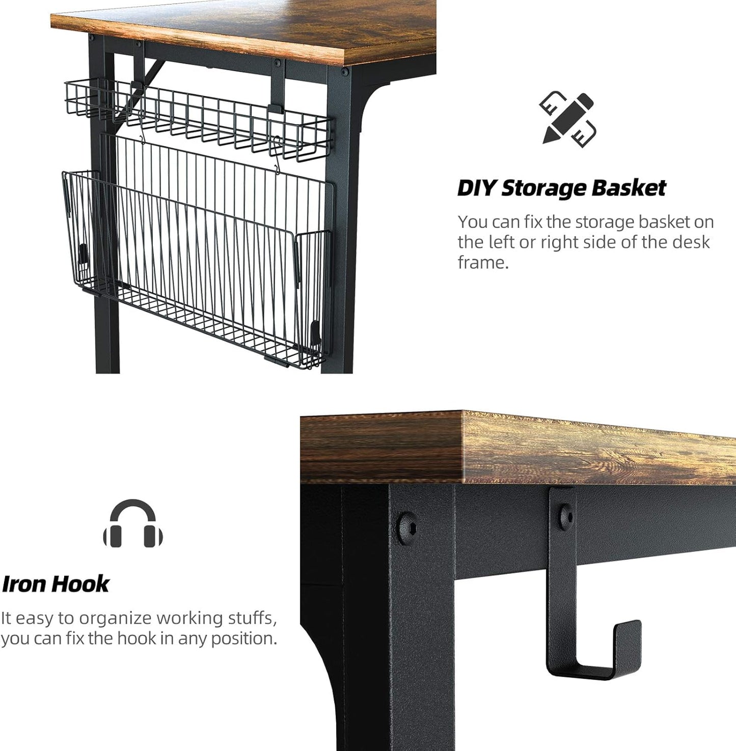 ASTARTH Study Computer Desk-47 Inch Home Office Desk, Wood Storage Table, Modern Writing Style Laptop Table, Black Metal Frame, PC Table with Storage Basket and Headphone Hooks, Rustic Brown, Vintage