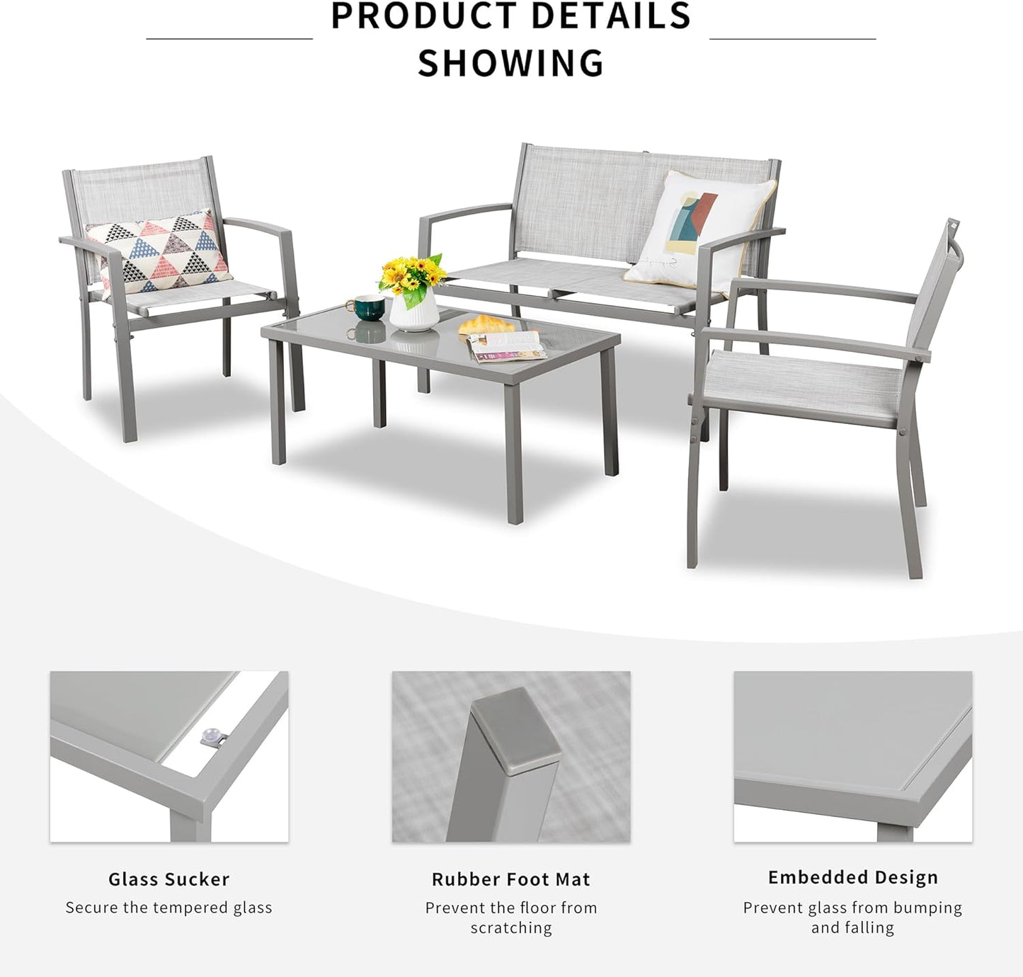 Shintenchi 4 Pieces Patio Furniture Set All Weather Textile Fabric Outdoor Conversation Set, with Glass Coffee Table, Loveseat, 2 Single Chairs for Home, Garden, Lawn, Porch(Silver)