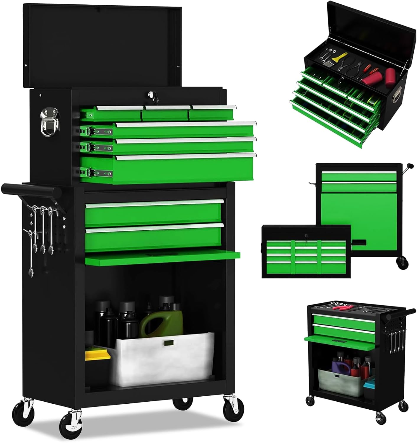 8-Drawer High Capacity Rolling Tool Chest, Removable Cabinet Storage Tool Box with Wheels and Drawers, Detachable Toolbox with Lock for Workshop Mechanics Garage (Black)