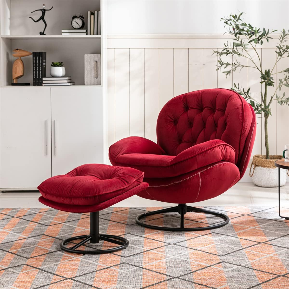 TRIPLE TREE Modern Swivel Accent Chair, Mid-Century Lounge Chair and Ottoman Set, Velvet Upholstered Button Tufted Recliner Chair, Reading Chair with Footrest for Living Room Indoor Bedroom, Black