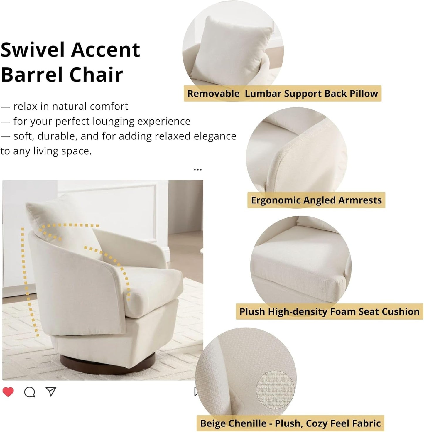 Beige Swivel Accent Chair,Comfy 360-Degree Swivel Barrel Chair with Back Pillow Living Room Bedroom Accent Arm Chairs Small Modern Upholstered Single Office Club Sofa Chair,Chenille