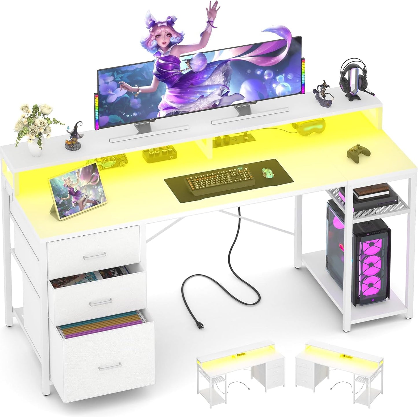 Aheaplus Gaming Desk with LED Lights and Power Outlets, 59 inch Computer Desk with Fabric File Drawers, Home Office Desk with Monitor Stand and Storage Shelves, White