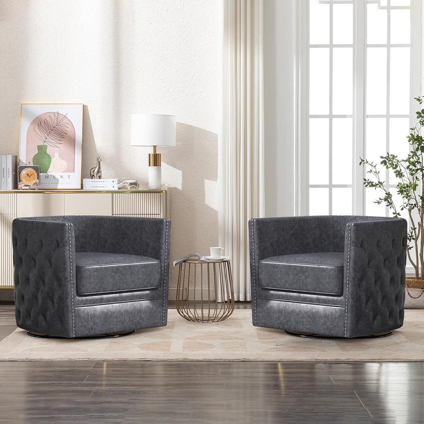 Simore Faux Leather Swivel Barrel Accent Chair Set of 2 for Living Room Bedroom, Comfy Modern Round Swivel Chair with Removable Pillow, Dark Brown